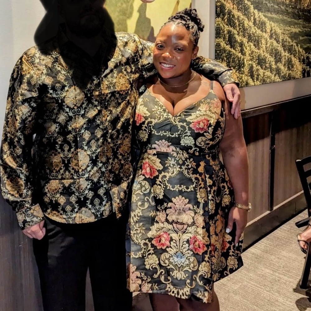 Fashion Nova Black and Gold Patterned Dress